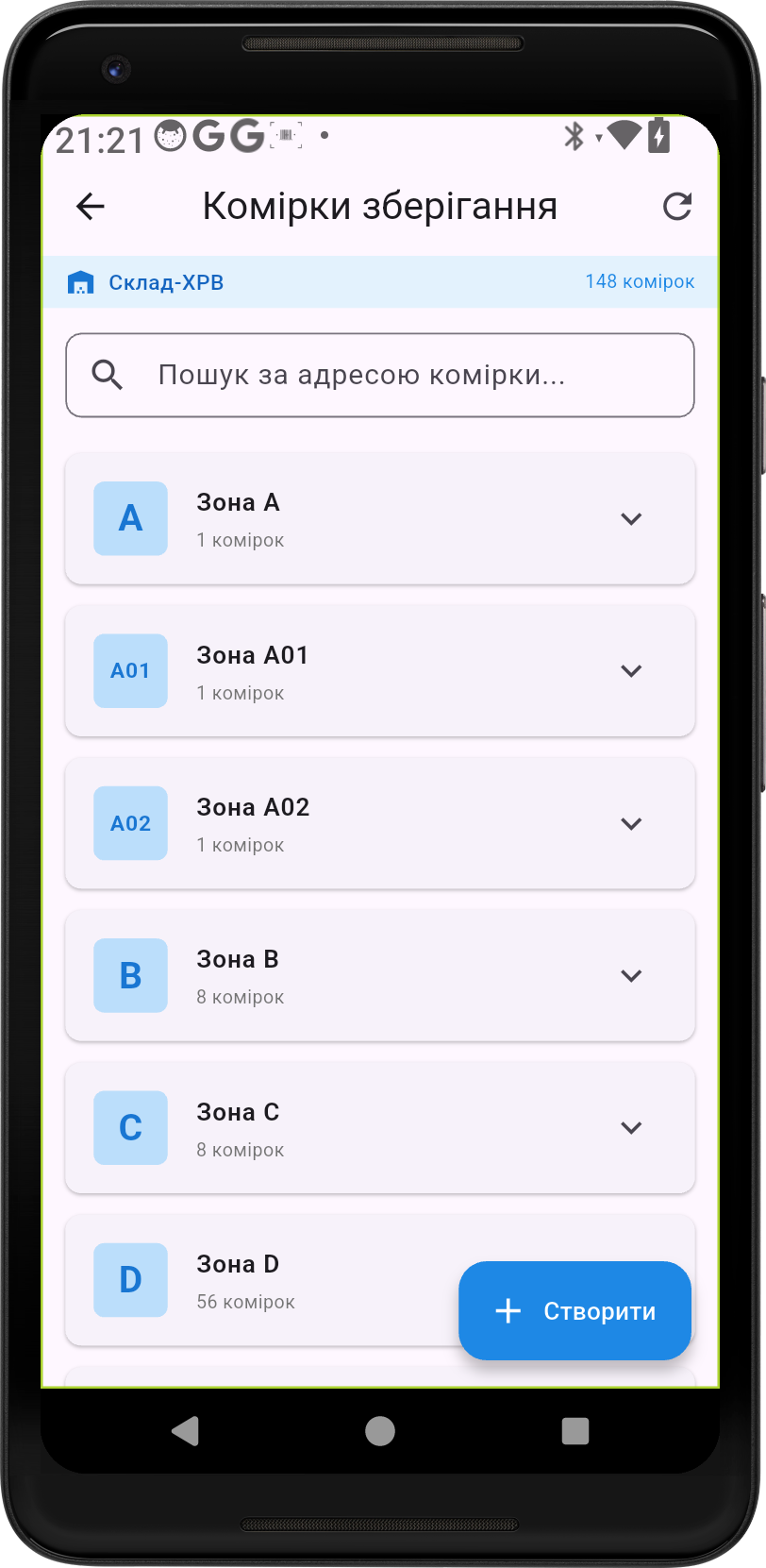 Список зон та комірок