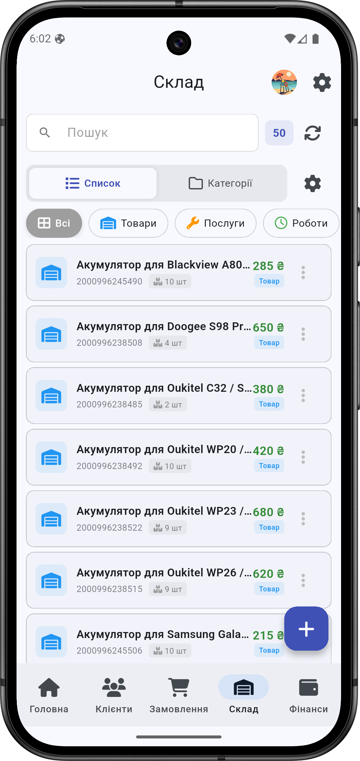 Список товарів